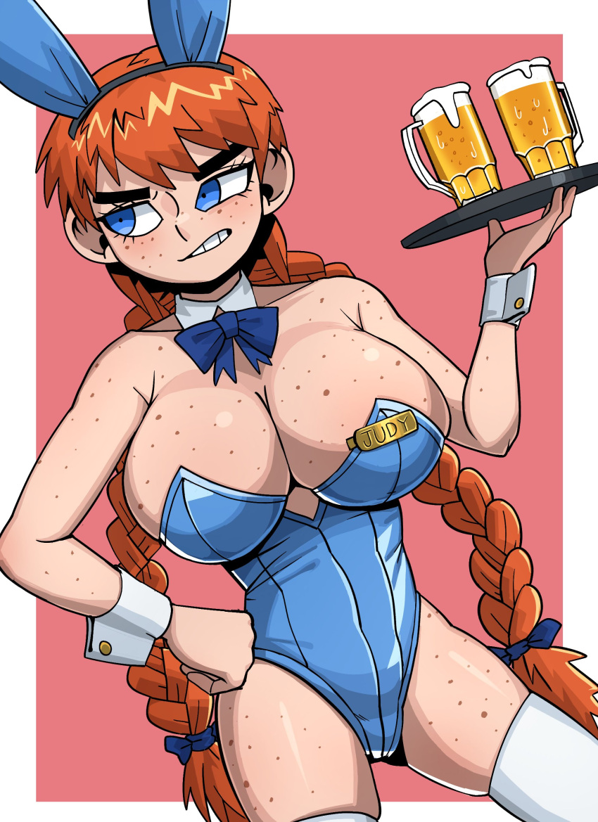 bbtan beer blue_eyes breasts bunny_ears bunnysuit cleavage collar embarrassed female freckles judy_(bbtan) large_breasts orange_hair original_character serving_tray twintails