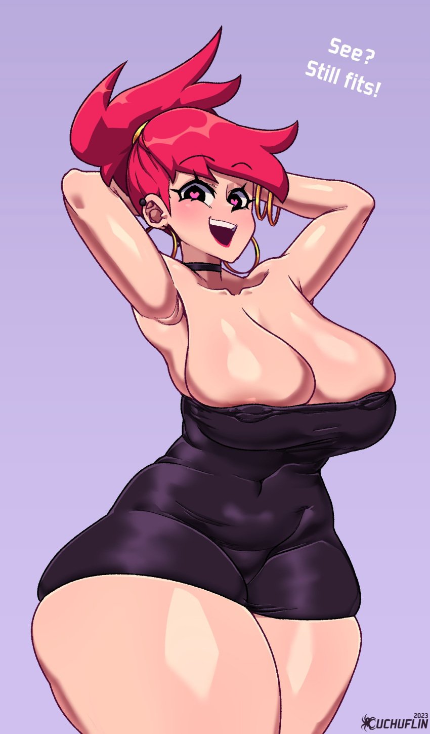 2023 armpits big_breasts black_clothing cartoon_network clothed clothing cuchuflin female female_only foster's_home_for_imaginary_friends frankie_foster heart heart-shaped_pupils hoop_earrings large_breasts red_hair red_lipstick skindentation tagme thick_thighs tight_clothing venus_body watermark