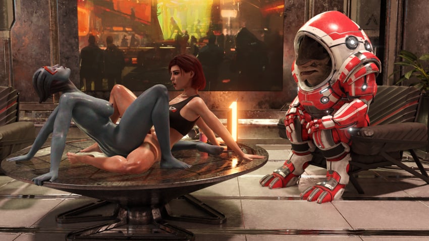 1boy 2girls 3d alien_girl anus asari barefoot belethor's_smut blue_skin bottomless breasts closed_eyes commander_shepard eyeshadow feet female femshep green_eyes hi_res interspecies krogan looking_pleasured male mass_effect medium_hair nipples no_panties nude pubic_hair red_hair samara scissoring sex shiny_skin soles sports_bra spread_legs toes tribadism watching watching_sex yuri yuri_with_male_audience