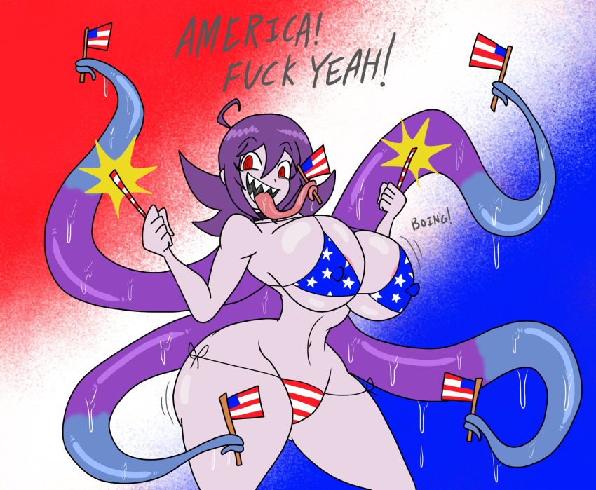 1girls 4th_of_july american_flag american_flag_bikini big_breasts demon_girl female long_tongue megabippy raunchy_(megabippy) red_eyes tentacle text toon wide_hips