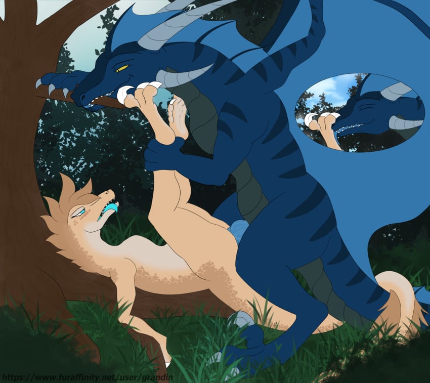 bite blue_body blue_eyes blue_scales blush bodily_fluids brown_body ciello_(jurassicscales) dinosaur dominant dominant_male dragon dromaeosaurid duo feet female feral feral_on_feral fin foot_fetish foot_lick foot_play from_front_position genital_fluids genitals grandin grandin_(character) hi_res horn knot leg_grab licking looking_pleasured lying male male/female missionary_position on_back paws penis plant pussy reptile scales scalie sex sickle_claw submissive submissive_female theropod tongue tongue_out tree western_dragon wings