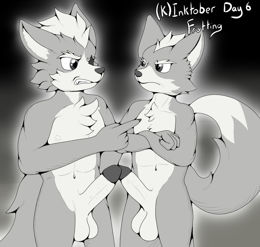 2boys anthro black_and_white canid canine canis crossed_arms duo erection fox fox_mccloud foxkai frottage gay genitals gesture hi_res inktober inktober_2023 kinktober male male/male mammal monochrome nintendo no_color nude nude_anthro nude_male penis pointing sex star_fox wolf wolf_o'donnell