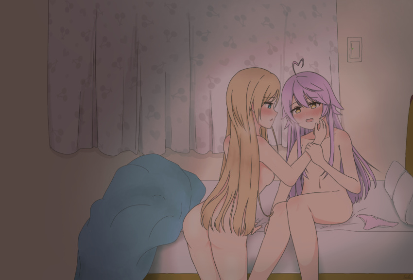 2girls ass bed blush breasts drooling indoors multiple_girls navel nipples nude open_mouth otonashi_ichie panties parted_lips pink_panties saliva shoujo_kageki_revue_starlight small_breasts tagme underwear yumeoji_fumi yuri