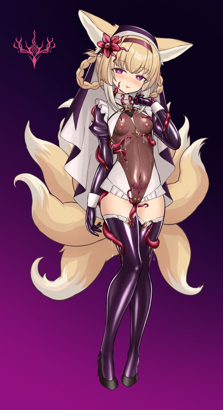 alternate_costume alternate_eye_color arknights brainwashing budesonide corruption flower fox_ears fox_tail living_clothes looking_at_viewer mind_control multiple_tails parasite pubic_tattoo smile suzuran_(arknights) tentacle