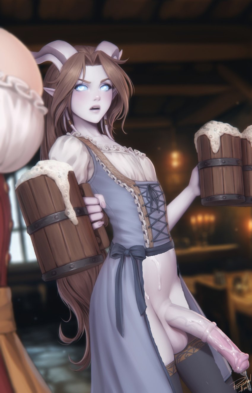 beer blouse blue_eyes brown_hair cum cum_drip cum_on_body cum_on_penis cum_on_self dirndl draenei dress edit exposed exposed_penis flat_chest futa_focus futanari grey_skin gynomorph horns horsecock intersex iridi_(malberrybush) long_hair mug penis personalami pointy_ears revealing_clothes thighhighs thighs third-party_edit world_of_warcraft