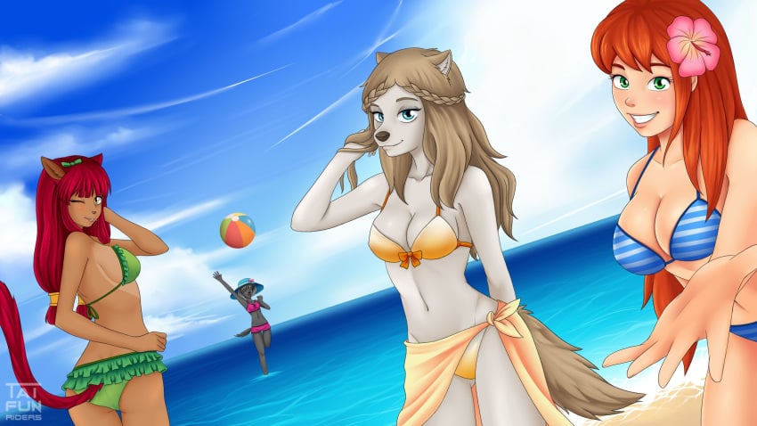 4girls alison_(space_paws) animal_ears beach beach_ball bikini breasts catgirl cleavage dog_girl erin_(space_paws) furry nebet_(space_paws) panties roselyn_(space_paws) seaside smile space_paws swimsuit taifun_riders wink