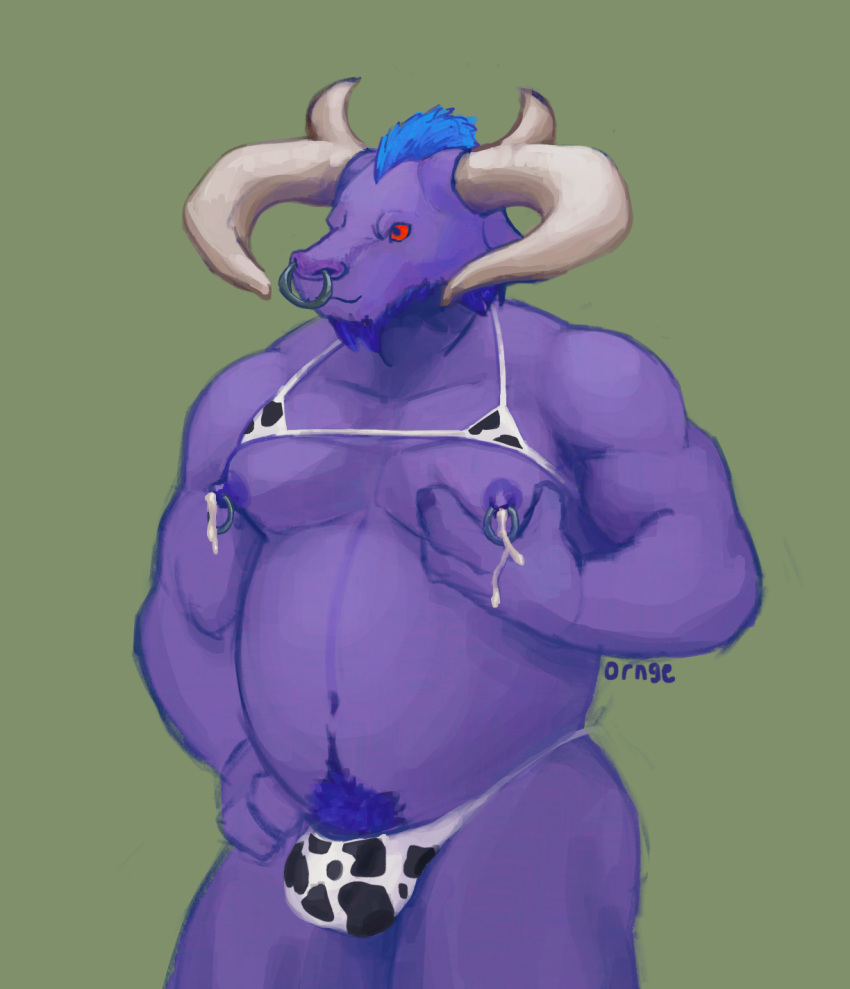 1boy 3_fingers alistar anthro bara bikini bovid bovine bulge bull cow_print lactation league_of_legends male male_lactation male_only musclegut muscles nipple_piercing nose_piercing orngetea solo_male