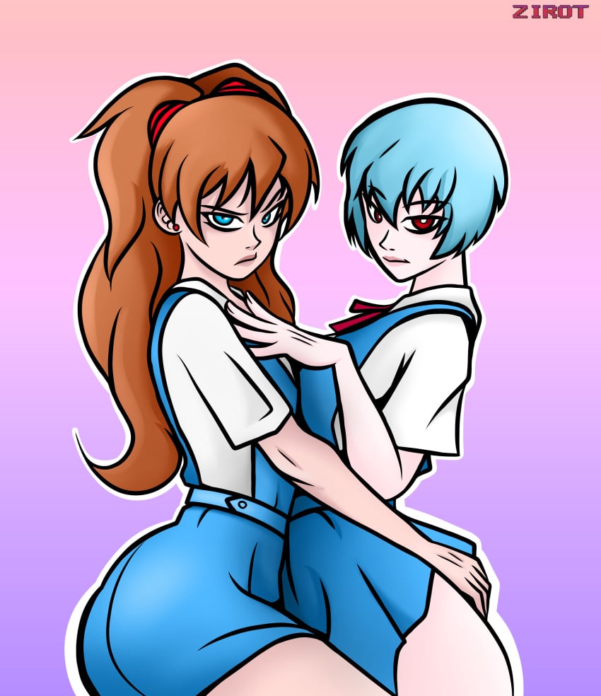 2girls asuka_langley_sohryu blue_eyes blue_hair breasts female female_focus female_only groping groping_ass human light-skinned_female light_skin long_hair looking_at_viewer neon_genesis_evangelion neopn_genesis_evangelion orange_hair pale-skinned_female pale_skin red_eyes red_hair rei_ayanami school_uniform schoolgirl short_hair thick_legs thick_thighs yuri zirot