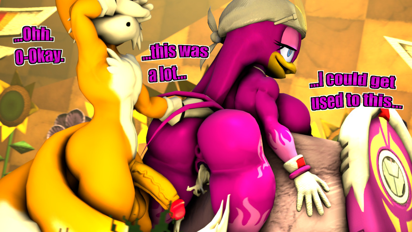 3d after_sex anthro big_penis cum cum_in_pussy cum_inside cum_on_ass cum_on_body dialogue furry sarahdellen sega sfm sonic_(series) sonic_the_hedgehog_(series) source_filmmaker tails tails_the_fox wave wave_the_swallow