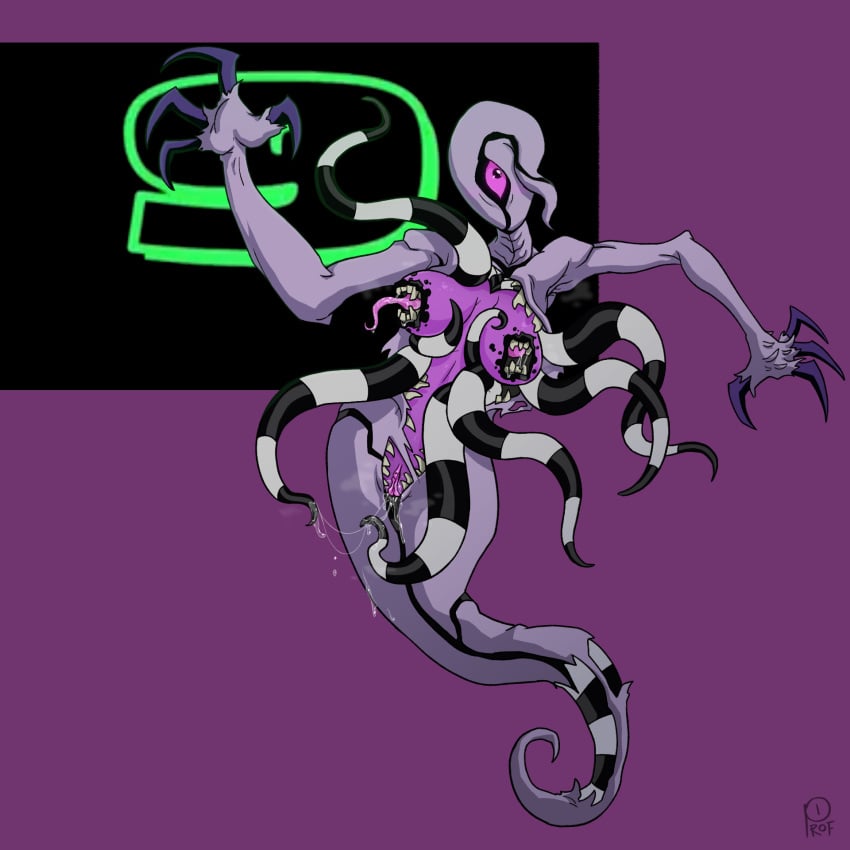 1_eye 2023 alien ben_10 ben_10_(classic) bodily_fluids breasts cartoon_network claws ectonurite female front_view full-length_portrait genital_fluids genitals ghost ghostfreak grey_body hi_res humanoid monster monstrous_humanoid not_furry portrait profannytea purple_background pussy pussy_juice simple_background solo spirit tentacle