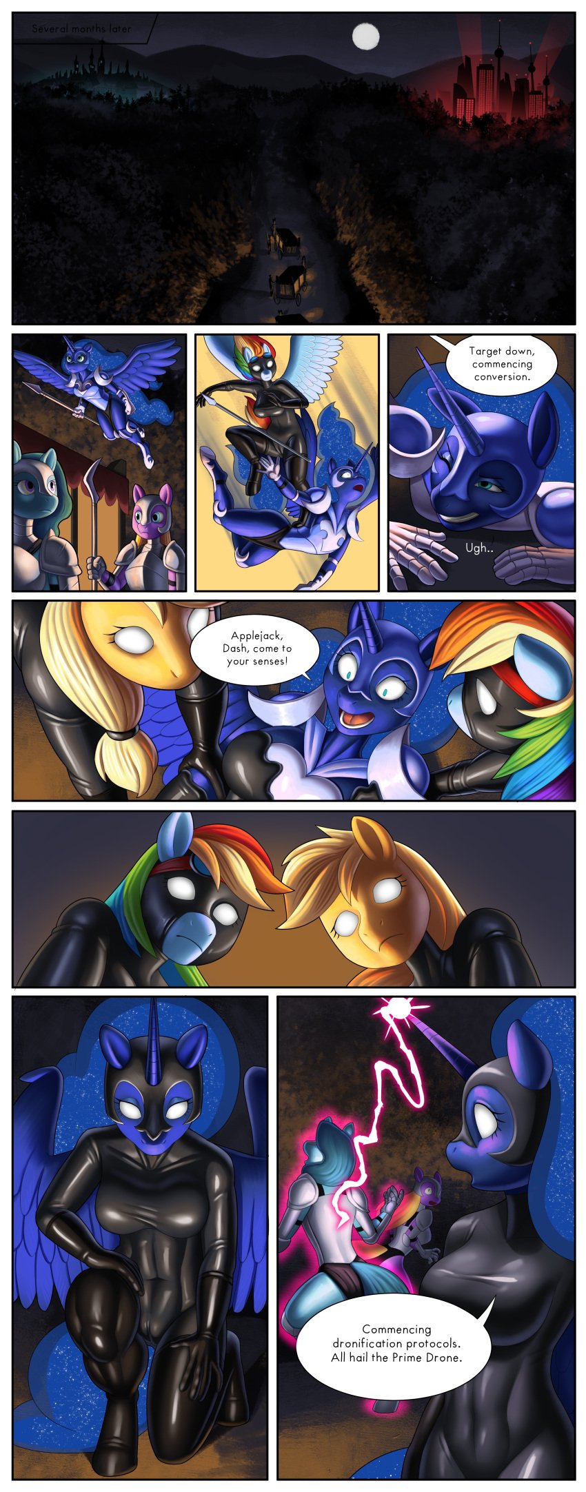 2023 5_fingers absurd_res alicorn anthro applejack_(mlp) armor assimilation big_breasts black_bodysuit black_clothing black_gloves black_handwear black_latex black_legwear black_stockings black_thigh_highs blue_body blue_eyes blue_hair bodysuit bound breasts camel_toe captured clothing comic dialogue drone dronification earth_pony empty_eyes encasement english_text equid equine ethereal_hair ethereal_tail female fight fingers flying forced forced_transformation forest friendship_is_magic genital_outline glistening_rubber gloves group hair handwear hasbro hi_res holding_object holding_spear holding_weapon hooves horn horse kneeling latex latex_clothing latex_gloves latex_stockings latex_thigh_highs legwear liquid_latex looking_at_viewer magic magic_user mammal melee_weapon mind_control multicolored_hair my_little_pony night pegasus pink_body pink_eyes plant polearm pony princess_luna_(mlp) purple_body pussy_outline rainbow_dash_(mlp) rainbow_hair rubber rubber_clothing rubber_suit shocked_expression skinsuit spear stockings story story_in_description syberfab text thigh_highs tight_clothing transformation tree weapon wearing_helmet white_eyes wings yellow_body