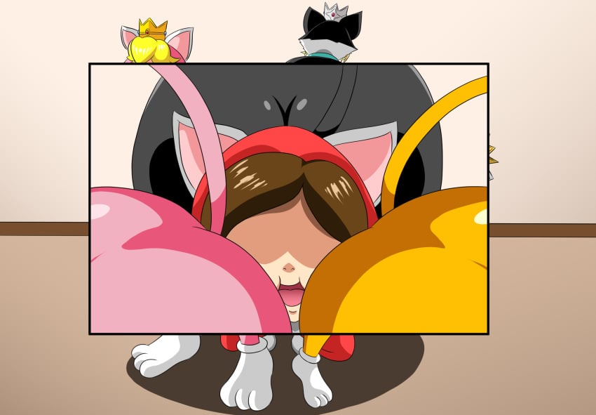 1boy 2d 3girls alternate_breast_size ass ass_press ass_to_ass ass_to_face bent_over big_ass big_breasts big_butt big_thighs blonde_hair blue_eyes breasts brown_hair cat_costume cat_daisy cat_ears cat_paws cat_peach cat_rosalina cat_suit cat_tail cleavage collar crown earrings hair_over_one_eye huge_ass huge_butt huge_thighs large_ass large_breasts large_butt large_thighs lips lipstick mario_(series) multiple_girls nintendo platinum_blonde_hair princess princess_daisy princess_peach princess_rosalina sandwiched super_mario_3d_world super_mario_bros. tail thick thick_ass thick_thighs thighs tonsuke wide_hips