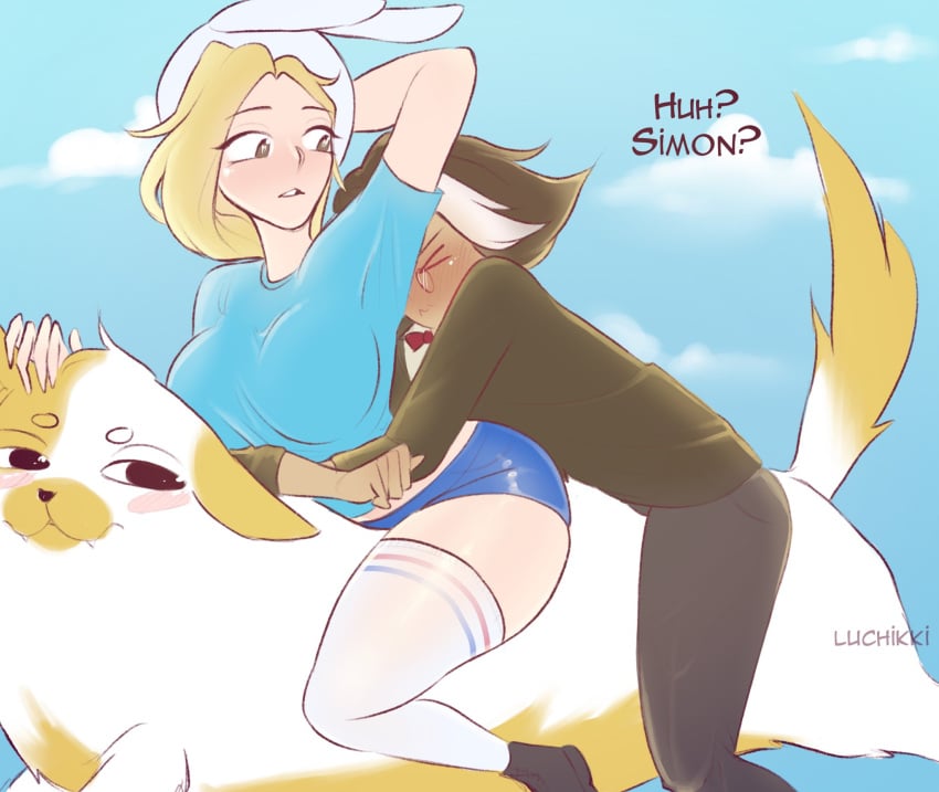 adventure_time adventure_time:_fionna_&_cake artist_name artist_signature blonde_hair blush booty_shorts brown_eyes bunny_hat cake_the_cat cartoon_network fionna_and_cake fionna_campbell fionna_the_human_girl hand_on_head hbo_max holding hugging_from_behind large_breasts long_socks looking_at_another luchikki pale_skin rule63 simon_petrikov sky suit text thick thick_thighs