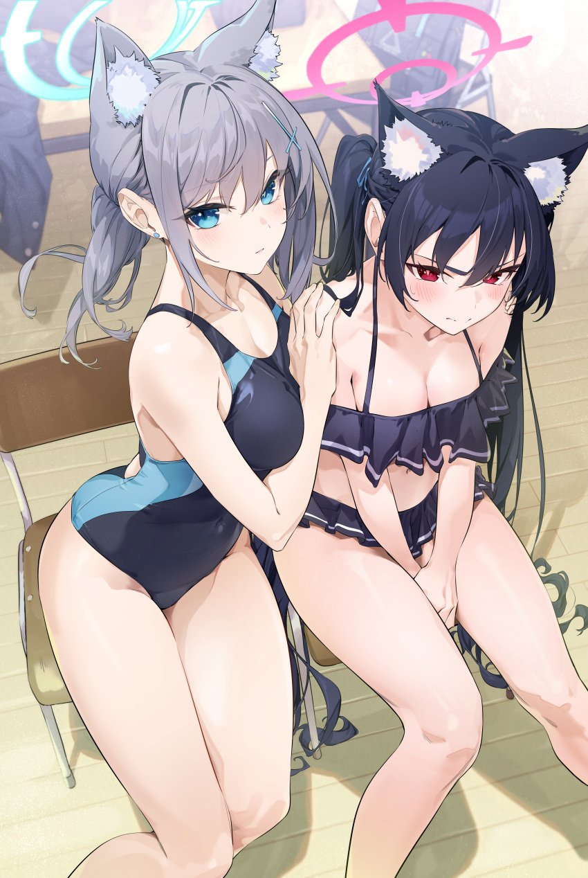 2girls absurdres abydos_high_school_student animal_ear_fluff animal_ears bikini bikini_skirt black_hair blue_archive blue_eyes blush breasts cat_ears chair closed_mouth commentary competition_swimsuit cross_hair_ornament desk extra_ears foreclosure_task_force_(blue_archive) frilled_bikini frills from_above grey_hair hair_ornament halo highres jjjsss medium_breasts mismatched_pupils multiple_girls off-shoulder_bikini off_shoulder official_alternate_costume one-piece_swimsuit parted_lips ponytail red_eyes serika_(blue_archive) serika_(swimsuit)_(blue_archive) shiroko_(blue_archive) shiroko_(swimsuit)_(blue_archive) sitting small_breasts swimsuit thighs twintails v-shaped_eyebrows wolf_ears wolf_girl