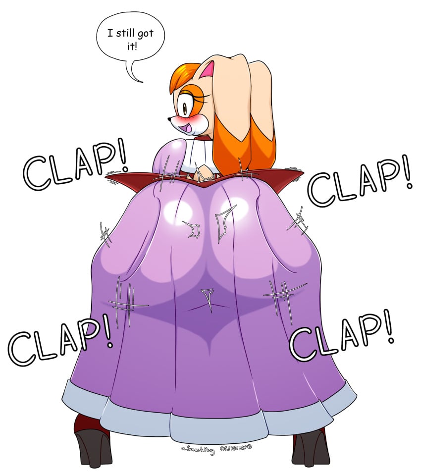 1girls anthro asmartboy ass ass_clapping ass_in_dress big_ass bubble_butt clapping_cheeks clothing dialogue dress fat_ass female female_only huge_ass lagomorph large_ass looking_at_viewer looking_back milf mother rabbit sega smile solo sonic_(series) sonic_the_hedgehog_(series) text thick_ass thick_thighs twerking vanilla_the_rabbit wide_hips