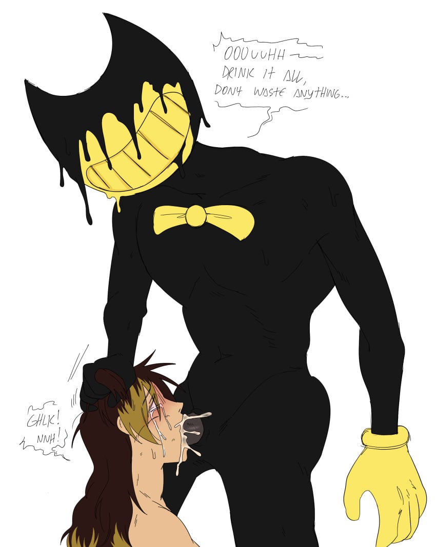 absurd_res anthro bendy_and_the_ink_machine bendy_the_dancing_demon black_body blonde_hair blue_eyes blush bodily_fluids bow_tie breasts brown_hair clothing cum cum_in_mouth cum_inside demon dialogue duo erection fellatio female female_on_anthro genital_fluids genitals gloves hair handwear heart hi_res human human_on_anthro ink_bendy interspecies light-skinned_female looking_pleasured male male/female mammal monster multicolored_hair not_furry nude open_mouth open_smile oral penile penis saliva sex simple_background sleepytoy smile tears teeth teratophilia thick_thighs two_tone_hair white_background