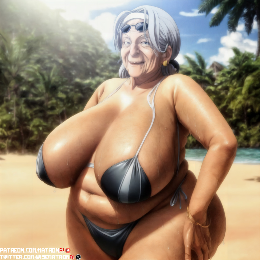 ai_generated anime bbw beach belly big_belly big_breasts bikini curvy curvy_female curvy_figure female female_focus female_only gilf granny highres looking_at_viewer matronai_(artist) mature mature_female mature_woman navel old patreon patreon_username pinup sagging_breasts sayuri_(senran_kagura) senran_kagura senran_kagura_(series) stable_diffusion sunglasses sunglasses_on_head swimsuit thick_thighs twitter_username wide_hips