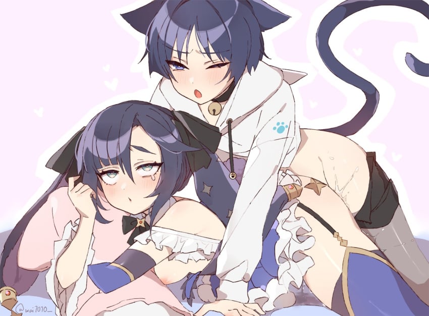 1boy 1girls alternate_costume animal_ears black_ribbon blue_hair blush breasts cat_boy cat_ears cat_tail catboy english_commentary female frills garter_straps genshin_impact hair_between_eyes hair_ribbon hugging_object long_sleeves lying mona_(genshin_impact) nipples on_stomach open_mouth pillow pillow_hug purple_eyes purple_hair rabbit_ears rabbit_girl ribbon rolling_eyes scaramouche_(genshin_impact) second-party_source sex sex_from_behind small_breasts straight tail thighhighs twitter_username wai1010