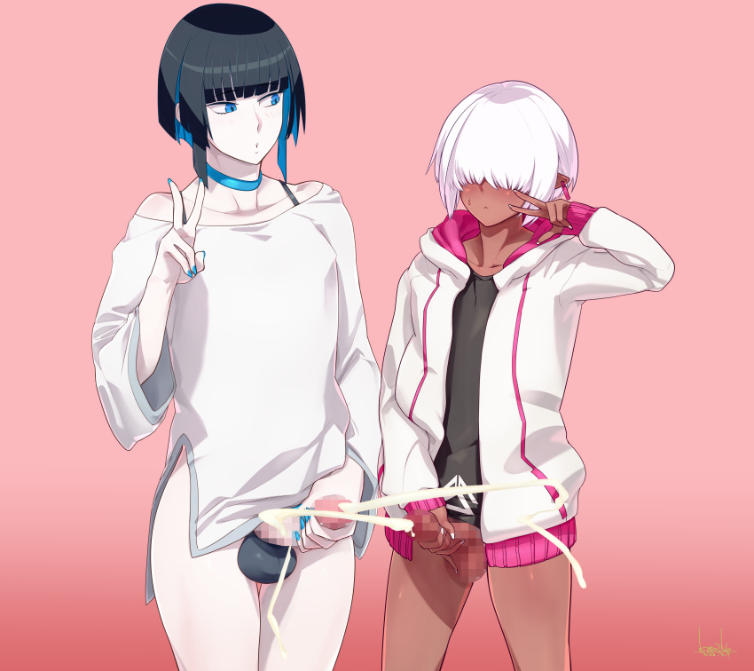 2boys censored cum femboy feminine_male girly gradient_background kuroino_(0kuro8ino6) mirel_(kuroino) otoko_no_ko otokonoko penis tomgirl trap two_tone_hair yaoi