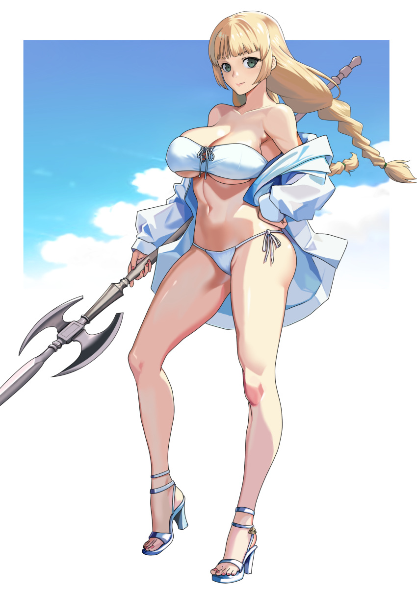 1girls 2023 alternate_costume bare_shoulders bikini blonde_hair braid cleavage female female_only fire_emblem fire_emblem:_three_houses green_eyes highres ingrid_brandl_galatea lance large_breasts light-skinned_female light_skin looking_at_viewer navel nintendo sandals solo swimsuit white_bikini white_swimsuit yagi_(joe731842)