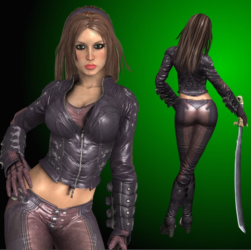 3d 3d_model assassin batman:_arkham_city batman_(series) dc dc_comics dnxpunk exposed_stomach leather_jacket leather_pants rocksteady_studios seductive_look seductive_pose talia_al_ghul talia_al_ghul_(arkham_city) villainess