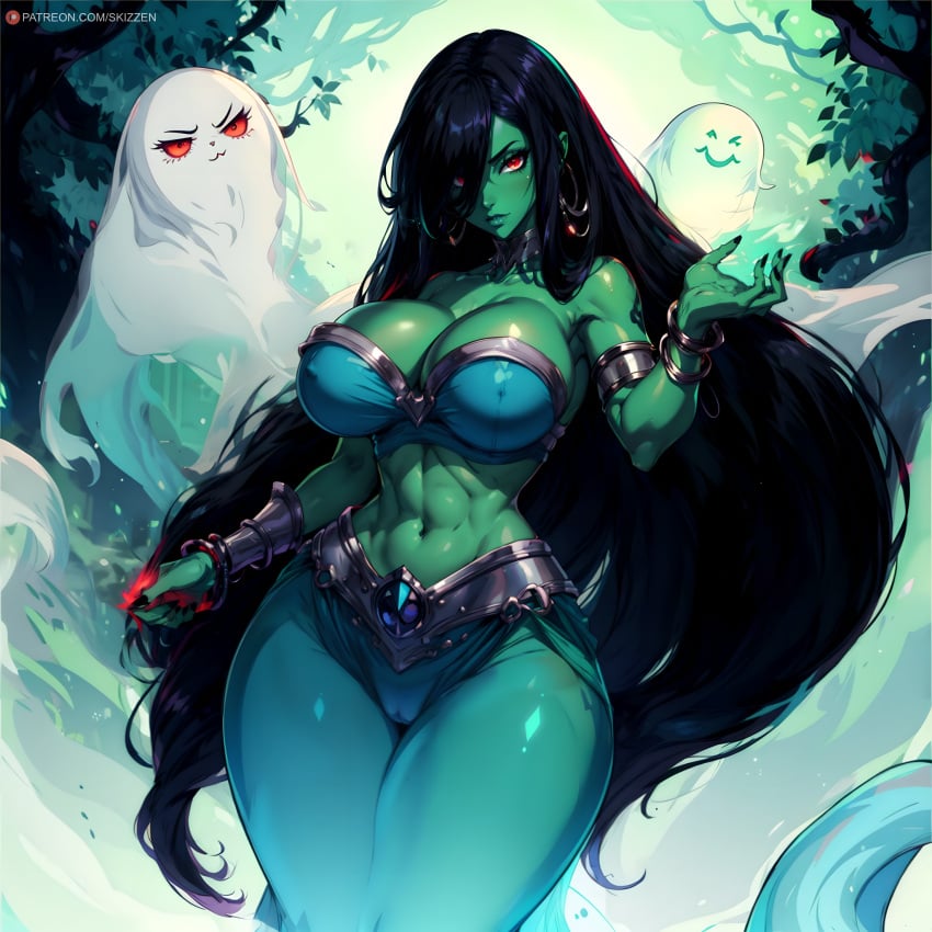 ai_generated big_breasts black_hair danny_phantom desiree ghost ghost_girl green_skin long_hair red_eyes skizzen thick_thighs thin_waist wide_hips