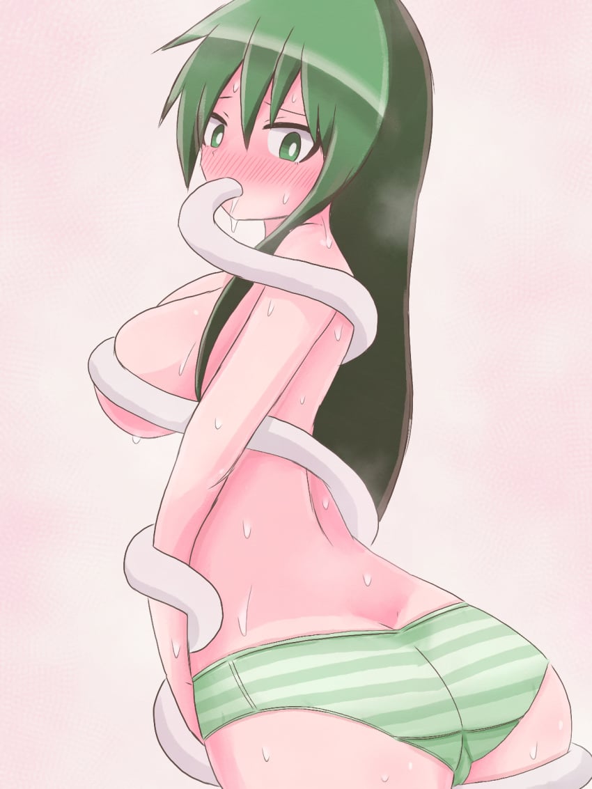 1girls ass back blush breasts crotch_seam feral green_eyes green_hair green_panties heavy_breathing hiiro_sp kochiya_sanae large_breasts no_bra panties panties_only sanae_kochiya snake snake_in_mouth solo sweat touhou underwear underwear_only white_snake zoophilia