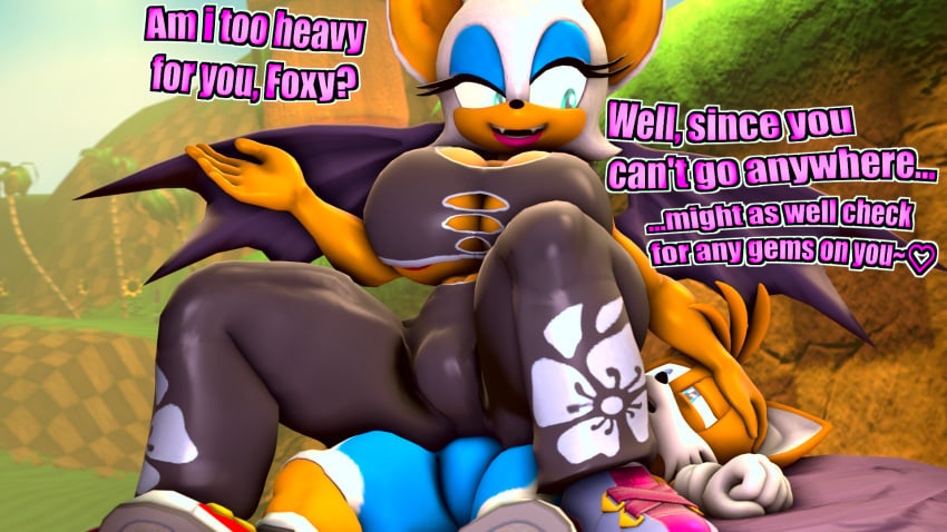 1boy 1girl 1girls 3d 3d_model dialogue laying_down laying_on_back mobian mobian_(species) mobian_bat penis_bulge rouge_the_bat sarahdellen sega sfm sonic_(series) sonic_adventure_2 sonic_the_hedgehog_(series) source_filmmaker tails tails_the_fox