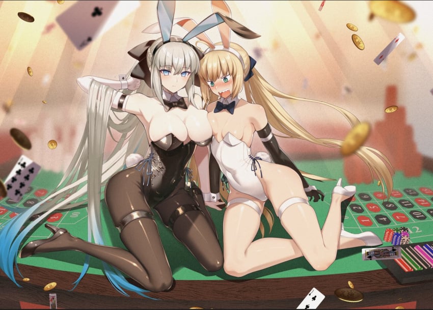 2girls animal_ears arm_strap artoria_caster_(fate) artoria_pendragon_(fate) bare_shoulders big_breasts black_bow black_bowtie black_footwear black_gloves black_leotard black_pantyhose blonde_hair blue_eyes blush bow bowtie breast_size_difference breasts breasts_size_difference card cluseller coin covered_navel detached_collar elbow_gloves fake_animal_ears fate/grand_order fate_(series) gloves gold_coin green_eyes hair_ribbon hand_in_own_hair high_heels highleg highleg_leotard huge_breasts large_breasts leotard long_hair looking_at_another looking_at_viewer morgan_le_fay_(fate) multiple_girls on_table open_mouth pantyhose playboy_bunny playing_card rabbit_ears ribbon roulette_table shoes side-tie_leotard small_breasts strapless strapless_leotard table thigh_strap very_long_hair white_footwear white_leotard wrist_cuffs