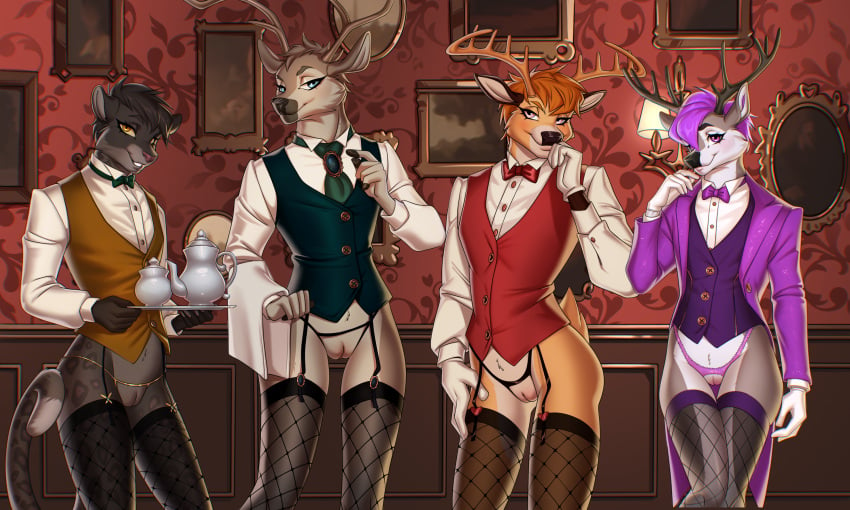 4cuntboys accessory andromorph anthro antlers aster_(younguns98) black_nose bow_tie brown_hair butler clothed clothing crotchless_bottomwear crotchless_clothing cuntboy daxx_(dkmt12) deer digital_media_(artwork) felid fishnet fishnet_legwear fur garter garter_belt garter_straps genitals group hair hi_res horn intersex jayne_doe kurt_(chris13131415) legwear lilakimoka lingerie looking_at_viewer male mammal pantherine pussy quartet quartet_focus smile stockings suit tail thigh_highs topwear