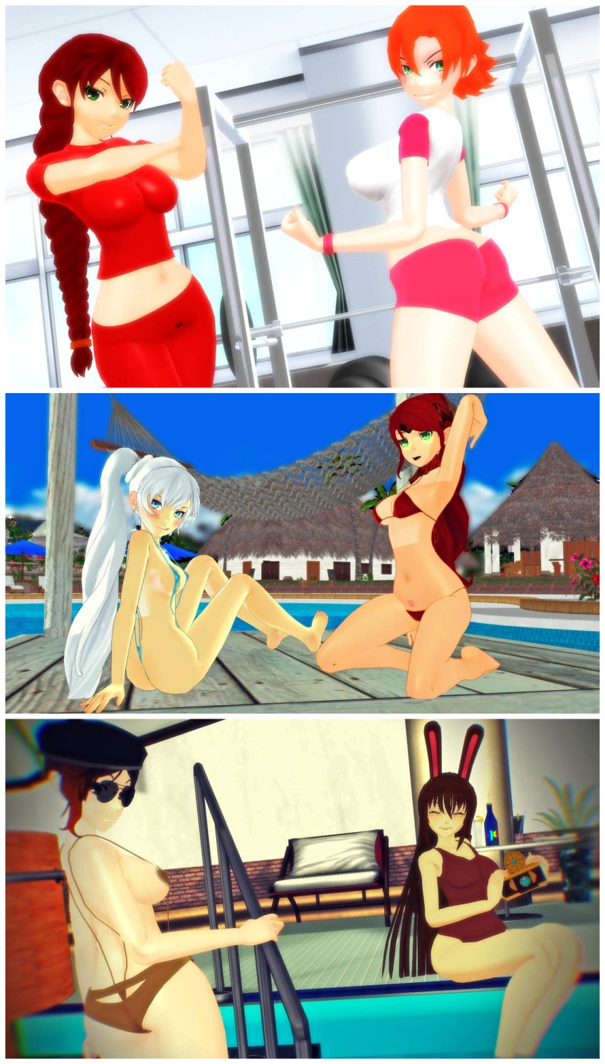 5girls blue_eyes brown_hair bunny_ears bunnygirl coco_adel female female_only green_eyes gym gym_clothes multiple_girls nora_valkyrie orange_hair pink_shorts pool psychogator pyrrha_nikos red_hair rwby sunglasses swimsuit velvet_scarlatina weiss_schnee white_hair