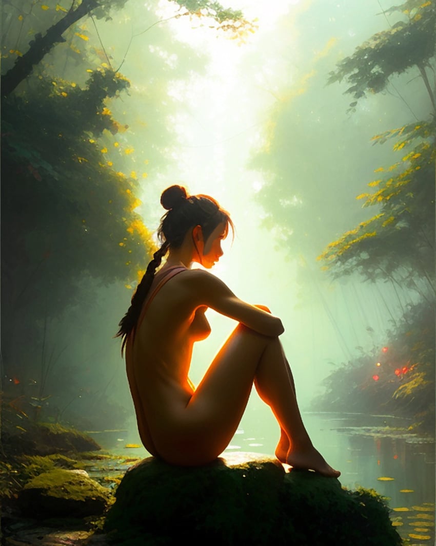 aenya braid braided_hair braided_ponytail depth_of_field fictional_character jungle naked naked_female native naturalist nude nude_female realistic red_hair river sitting the_feral_girl thelana