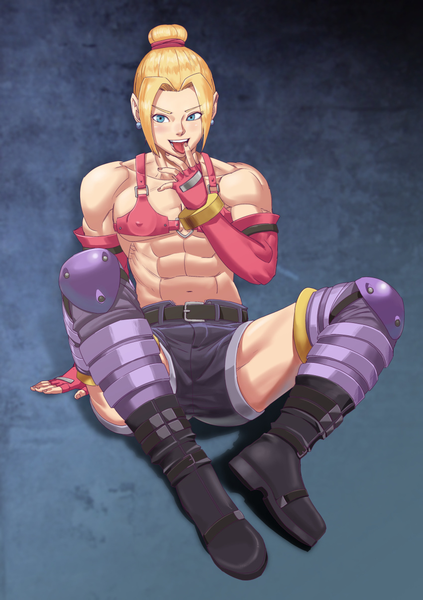 1boy 1femboy 2d 2d_(artwork) abs ambush_(trap) blonde_femboy blonde_hair_male bloody_roar blue_earrings blue_eyes boots bra earrings fighting_game fingerless_gloves fox_(bloody_roar) hans_taubemann iggler kneepads light-skinned_femboy light-skinned_male light_skin looking_at_viewer male male_only muscular muscular_femboy short_shorts sitting sitting_on_ground solo solo_femboy solo_male tagme tied_hair trap video_game_character video_game_franchise