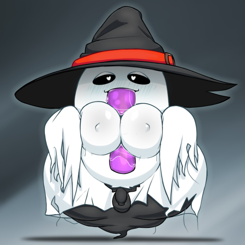 <3_eyes 2023 ass axoarts balls bandai_namco bedroom_eyes bedsheet_ghost belly big_butt black_background black_body black_clothing black_hat black_headwear black_sclera black_tail blush blush_lines bodily_fluids clothing digimon digimon_(species) digital_media_(artwork) dildo dildo_fellatio dildo_in_mouth floating front_view genitals ghost ghost_tail grey_background half-closed_eyes hat headgear headwear heart hi_res huge_butt looking_pleasured male moobjob moobs multicolored_body narrowed_eyes obese obese_male overweight overweight_male penis red_clothing red_hat red_headwear saliva saliva_on_dildo seductive sex_toy sex_toy_in_mouth sex_toy_insertion simple_background small_penis solo soulmon spirit tail thick_thighs two_tone_body two_tone_hat white_background white_body white_eyes