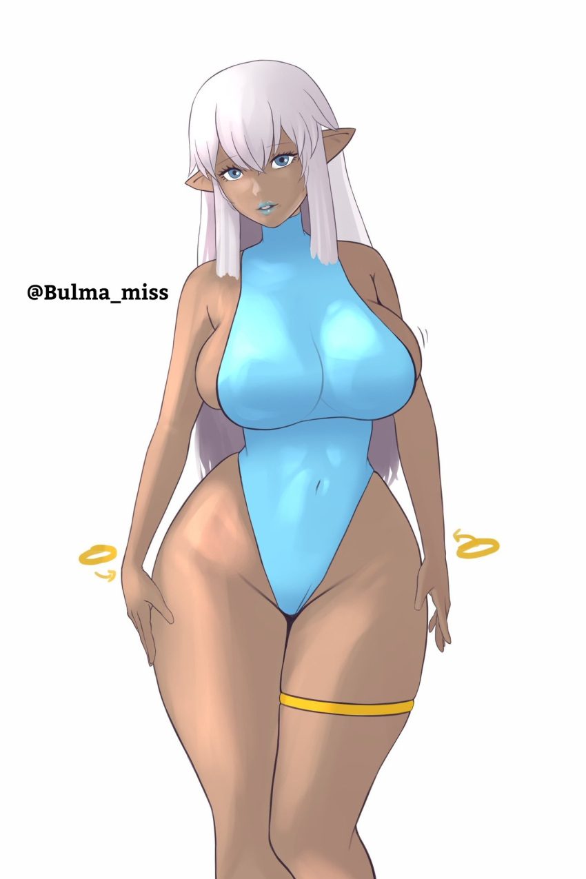 big_breasts blue_eyes blue_lipstick commission dark-skinned_female elf elf_ears elf_female hawk-see large_breasts leotard long_hair oc original_character pointy_ears sideboob slave thick_thighs thigh_strap white_hair wide_hips yumi_dark_elf