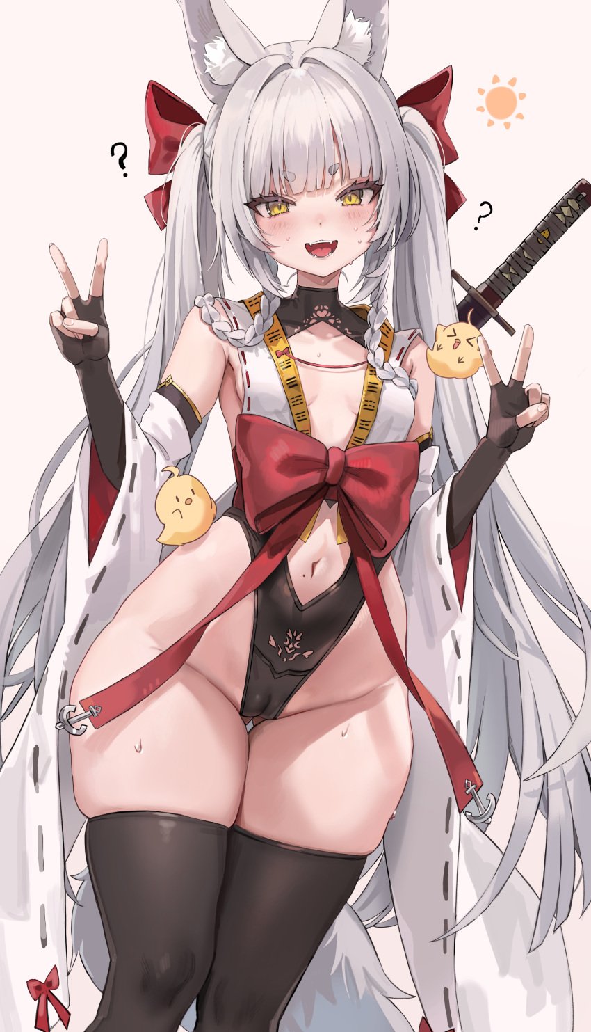 1girls asanagi_(azur_lane) azur_lane breasts female fox_ears fox_girl freng horny kitsune light-skinned_female light_skin long_hair navel peace_sign petite sakura_empire_(azur_lane) small_breasts thick_thighs white_hair wide_hips yellow_eyes