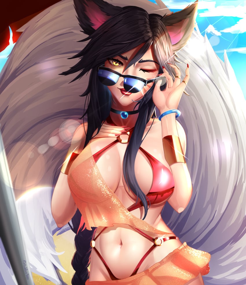 1girls 9_tails adjusting_eyewear adjusting_glasses adjusting_sunglasses ahri beach blue-tinted_eyewear breasts dark_hair fluffy_tail fox_ears fox_girl fox_tail glasses glowing_eyes hips kemonomimi kitsune league_of_legends looking_over_eyewear looking_over_glasses looking_over_sunglasses nine_tailed_fox pudding300 riot_games shades solo_female sunglasses swimsuit tinted_eyewear vastaya yellow_eyes