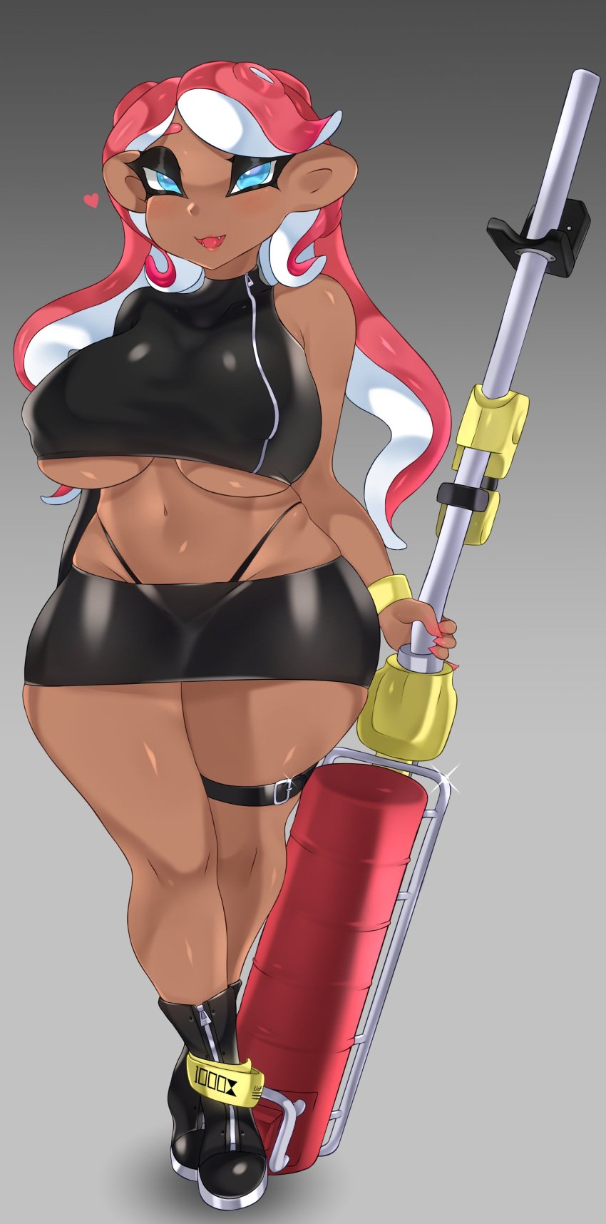 1girls 2021 big_breasts black_clothing boots breasts charger charger_(splatoon) clothed clothing dark-skinned_female dark_skin e-liter female female_only gun inklingloe latex looking_at_viewer nipple_bulge octoling octoling_girl short_skirt skirt splatoon thick_thighs thighs underboob weapon