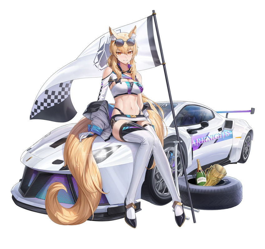 1girl alternate_costume animal_ear_fluff animal_ears arknights bandeau bare_shoulders bikini black_bikini black_footwear blonde_hair breasts car champagne_bottle character_name checkered_flag cleavage clothes_writing clothing_cutout commentary copyright_name cryturtle eyewear_on_head flag gloves half-shrug high_heels highleg highleg_bikini highres horse_ears horse_girl horse_tail jacket kingdom_of_kazimierz_logo lamborghini large_breasts long_hair medium_breasts microskirt motor_vehicle navel nearl_(arknights) open_clothes open_jacket orange_eyes ponytail race_queen shoulder_cutout simple_background sitting_on_car skirt smile solo sports_car stomach sunglasses swimsuit symbol-only_commentary tail thighhighs tire trophy very_long_tail white_background white_bandeau white_car white_gloves white_jacket white_skirt white_thighhighs