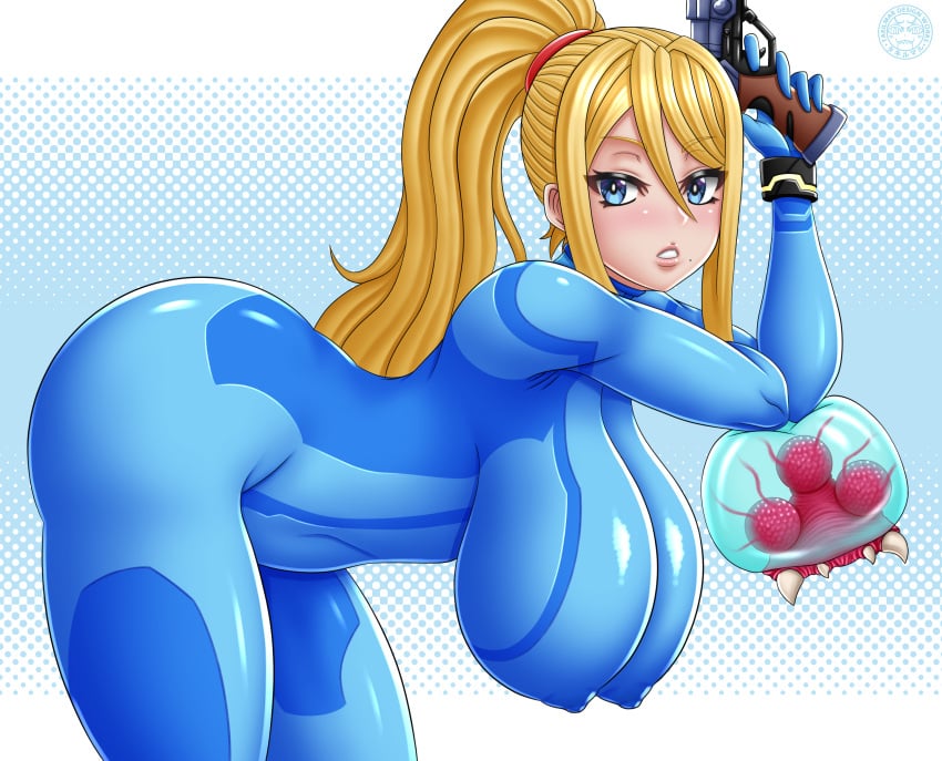 1girls 2d areolae_bulge ass big_ass big_breasts big_thighs bimbo blonde_hair blue_eyes breasts busty color female huge_ass huge_breasts huge_thighs large_ass large_breasts large_thighs looking_at_viewer metroid metroid_(creature) nintendo nipple_bulge sagging_breasts samus_aran takilmar thick_thighs thighs voluptuous zero_suit zero_suit_samus