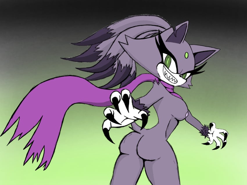 ass big_ass big_breasts big_butt big_thighs black_nails blaze.rar blaze_the_cat breasts claws clipped_ear ears_up eyeliner female female_only fluffy forehead_jewel furry furry_only gloves green_eyes grin missdotrar pink_nipples purple_fur reaching_out scarf scarf_only sharp_claws sharp_teeth skinny sonic.exe_(series) sonic_(series) sonic_the_hedgehog_(series) stubby_tail thick_thighs thin_waist tied_hair turned_around