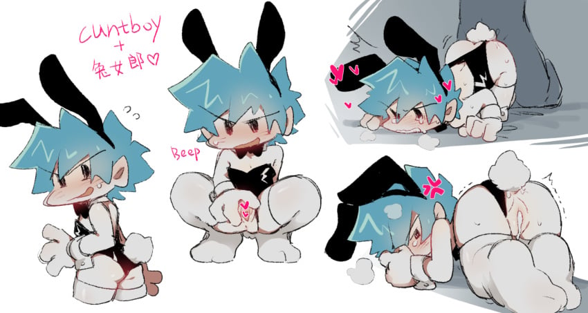 1boy 1cuntboy boyfriend_(friday_night_funkin) breath breath_cloud bunny_ears bunnysuit bunnysuit_aside buttplug buttplug_tail cichuweijia crossdressing cuntboy friday_night_funkin gloves intersex male_only nervous spread_pussy spreading stockings sweatdrop text uncensored yaoi