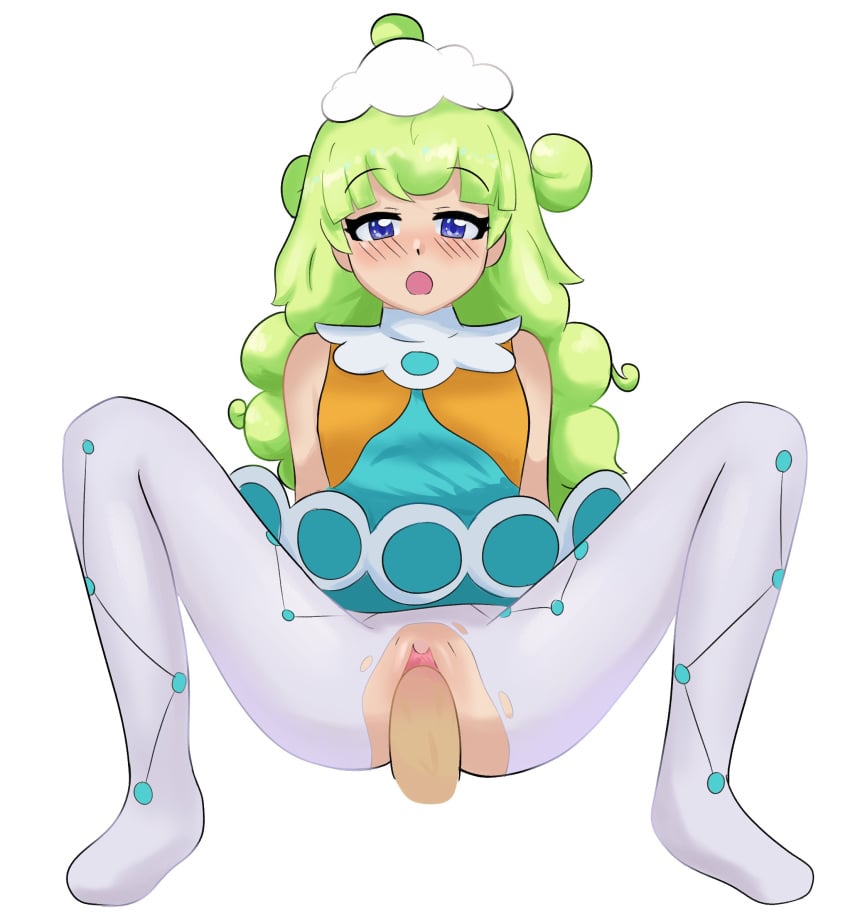 1boy 1girls 2d bakudon blue_eyes blush blush_lines cowgirl_position curly_hair dress green_hair looking_at_viewer marle_(puyo_puyo) penis penis_in_pussy pov pov_eye_contact pussy puyo_puyo puyo_puyo_tetris ripped_clothing tights vaginal_penetration white_legwear