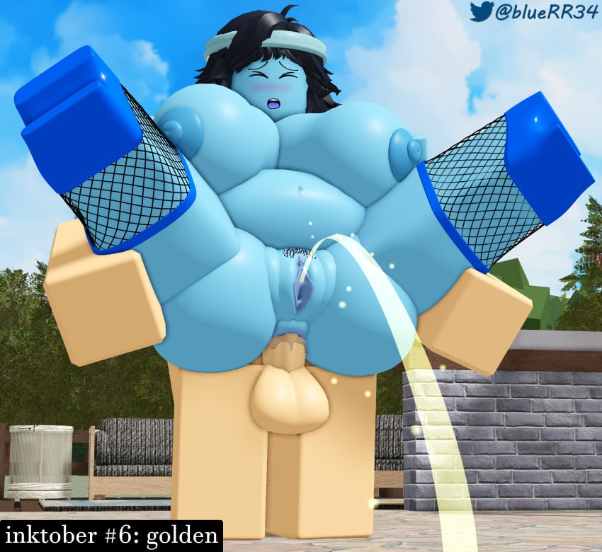 1boy1girl 3d anal anal_sex big_ass big_breasts big_nipples big_penis black_hair blue_skin bluerr34 carrying chubby completely_nude female fishnets headband heels male original_character outdoors peeing roblox robloxian self_upload shiram stockings tagme text twitter_username urination