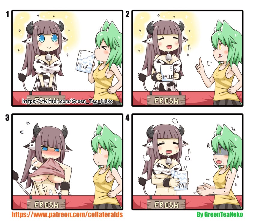 1futa 1girls 4-panel accidental accidental_circumstance accidental_cum_eating animal_ears blue_eyes bottomless breasts cat_ears cat_girl clothed clothing collar comic cow_collar cow_costume cow_ears cow_girl cow_girl_outfit cow_horns cow_tail cowbell cum cum_eating cum_in_container cum_in_cup cum_in_glass cum_milking cum_passed_for_milk cumming_into_cup dress_lift drinking_cum duo ejaculation female fully_clothed futanari green_hair greenteaneko greenteaneko-chan humanoid implied_futanari implied_masturbation kemonomimi large_breasts light-skinned_female light-skinned_futanari light_skin long_hair masturbating_under_table masturbation milking milking_cum mostly_nude orgasm panting penis_milking public_masturbation purple_hair self_milking short_hair standing stealth_masturbation sweating tricked tricked_into_cum_eating