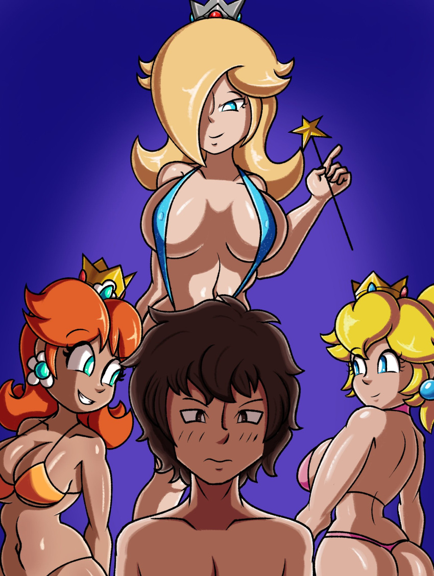 1boy 3girls ass bikini breasts clothed_female_nude_male female male mario_(series) multiple_girls nintendo princess_daisy princess_peach princess_rosalina robveemo self_insert sling_bikini swimsuit tagme