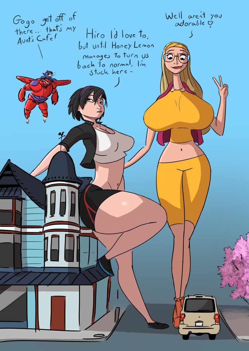 2girls baymax big_ass big_breasts big_hero_6 caiman2 clothed emmabrave female giant_female giantess gogo_tomago honey_lemon huge_ass huge_breasts macro male marvel multiple_girls