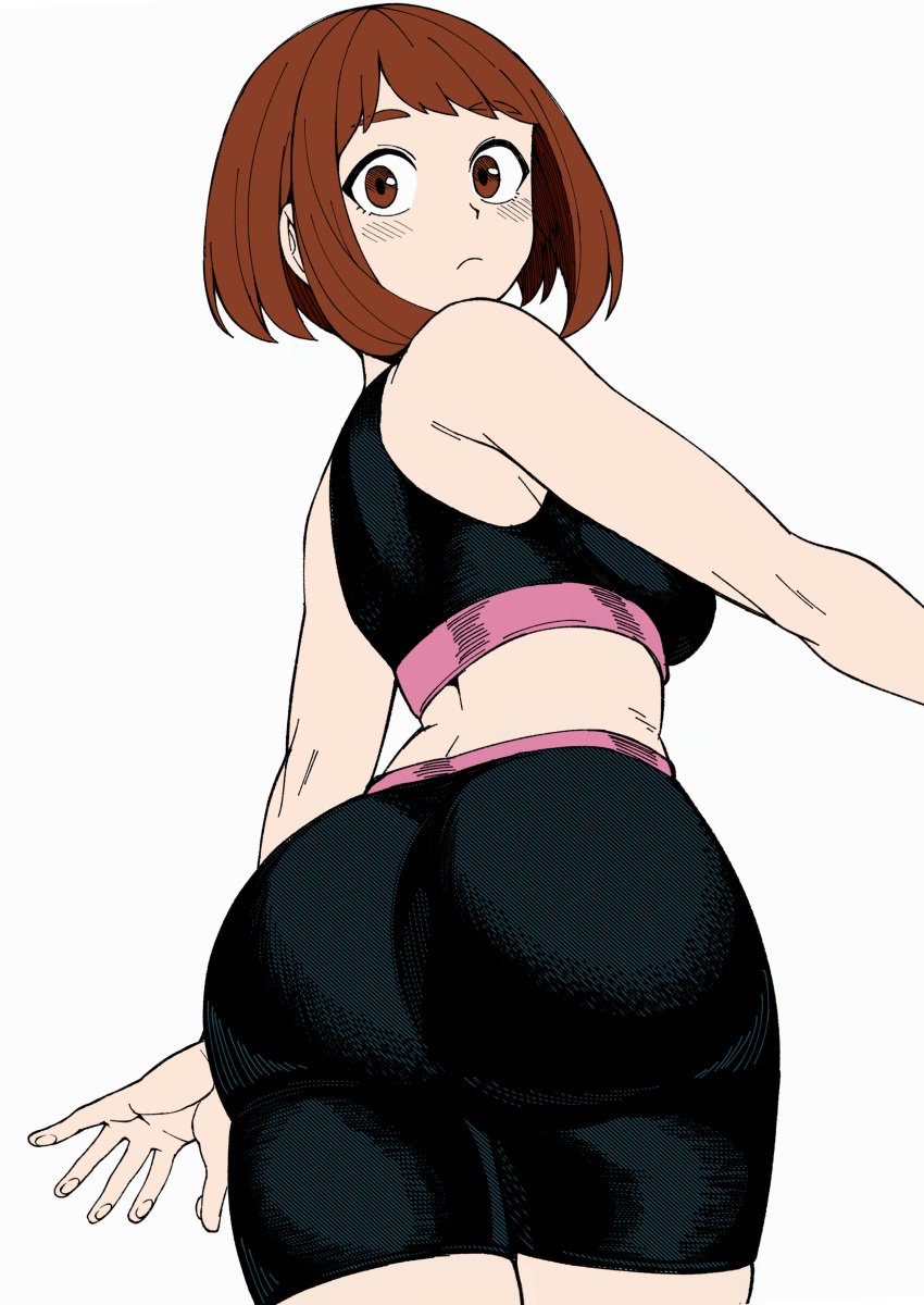 1girls absurdres arm_at_side ass ass_focus big_ass big_breasts bike_shorts blush breasts bubble_butt closed_mouth color_edit colored female from_behind gigantic_ass hatching_(texture) highres huge_ass kobaji large_breasts looking_at_viewer looking_back my_hero_academia ochako_uraraka open_hand paintmeanon short_hair shounen_jump simple_background solo sports_bra twisted_torso xiao_lin_gt