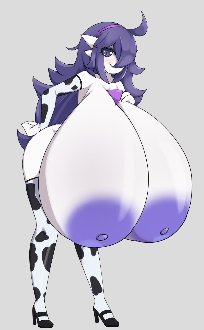 cow_print fingerless_gloves gardevoir hex_maniac high_heels huge_breasts hyper_breasts long_gloves long_hair massive_breasts one_eye_covered phasmomo pokemon pokemon_(species) purple_nipples thighhighs