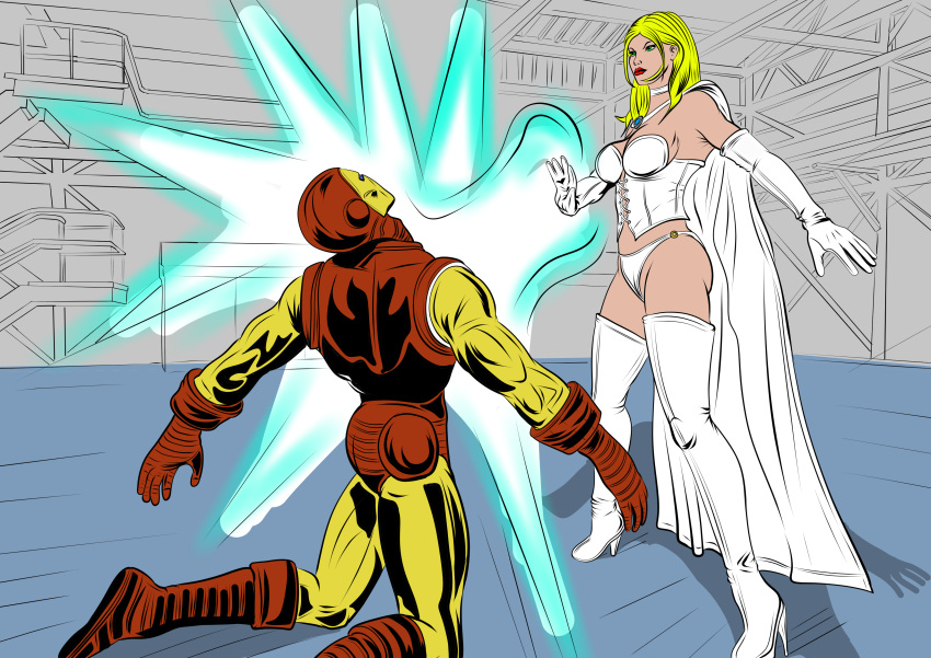 1boy 1girls armor avengers big_breasts blonde_hair breasts cameltoe cape cleavage corset dominant_female dominatrix emma_frost female femdom fokknight green_eyes helmet iron_man iron_man_(series) lingerie male malesub marvel marvel_comics panties submissive_male tony_stark white_lingerie white_panties white_queen x-men